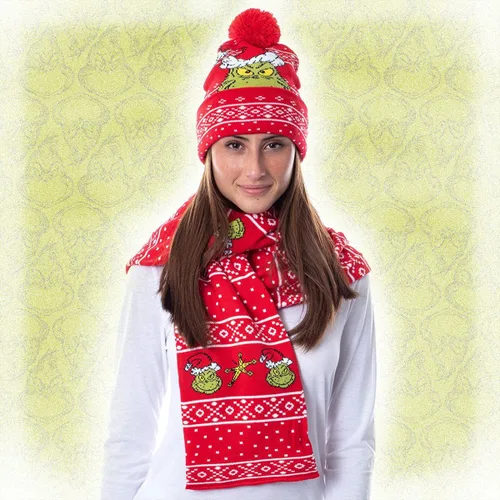Vista 6 de Dr. Seuss GRINCH Who Stole Christmas - Juego de bufanda tejida y gorro con pompón