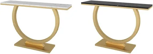 Vista 4 de Mesa decorativa de estilo glamuroso con base de pedestal y mesa rectangular de mármol para porche de pizarra contra la pared, decoración de caja