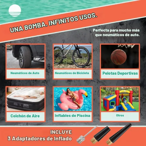 Vista 2 de Bomba de aire eléctrica 12 V c/medidor para llantas, bicicletas, colchones.