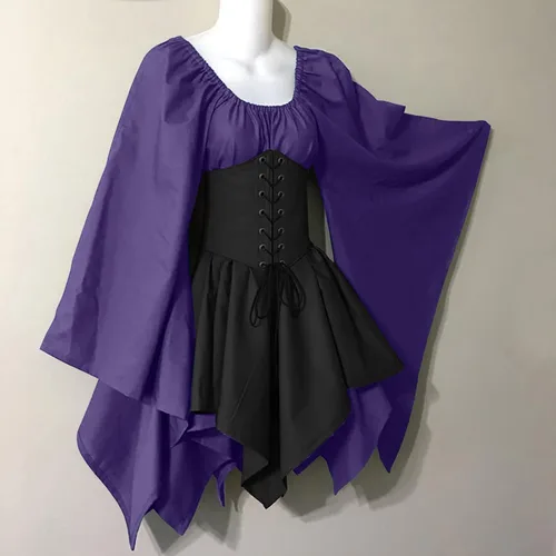 Vista 4 de SHOPESSA Disfraz medieval renacentista para mujer, vestido de corsé pirata, manga acampanada, vestido corto irlandés tradicional