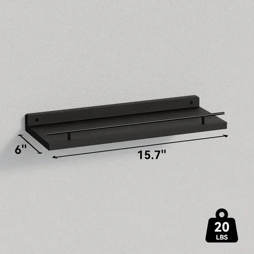 Vista 3 de WOPITUES Estantes flotantes con barandilla de metal negro, estantes para decoración de pared, juego de 3, estantes de pared para dormitorio, baño