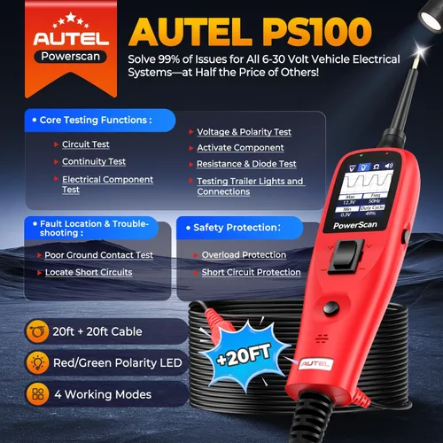 Vista 2 de Autel PowerScan PS100 - Probador de circuito automotriz 2.0, herramienta de sonda de circuito de alimentación de 12-24 V, buscador de circuito
