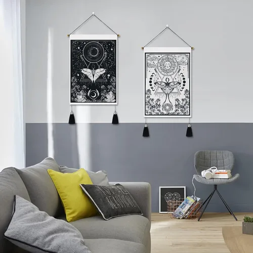 Vista 4 de Paquete de 2 tapices de sol y luna, tapiz blanco y negro con diseño de vid de flores, para colgar en la pared para habitación (13.8 x 19.7 pulgadas)