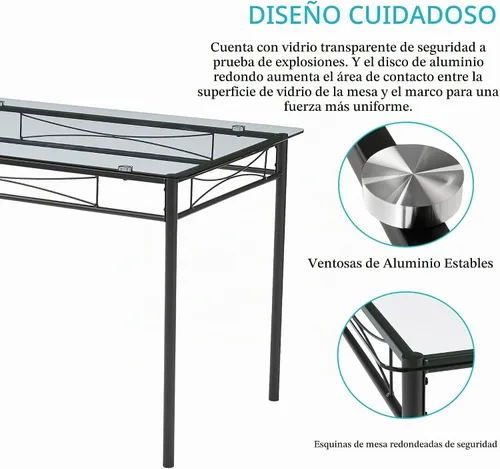 Vista 3 de VECELO Juego de mesa de comedor para 4, mesa de cocina de vidrio de 5 piezas con sillas acolchadas tapizadas para espacios pequeños, rincón