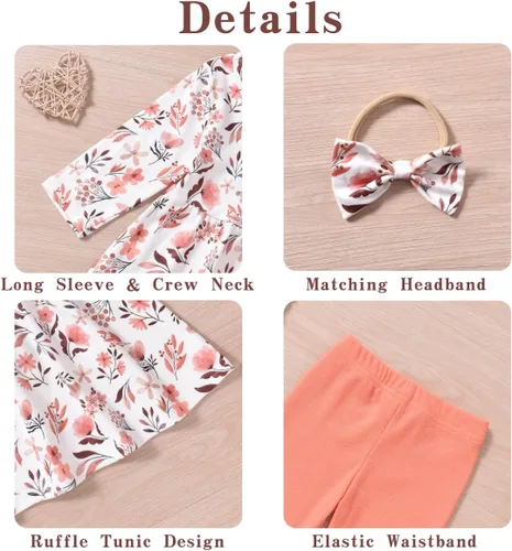 Vista 4 de Aalizzwell Conjunto de túnica floral para niñas pequeñas para otoño e invierno Naranja