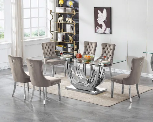Vista 24 de Moderno juego de mesa de comedor de cristal de 5 piezas para 4, 70 pulgadas rectangular con 4 sillas copetudas de terciopelo beige, juego de mesa