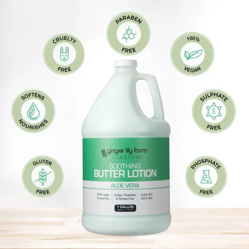 Vista 4 de Ginger Lily Farms Club & Fitness Loción de mantequilla calmante para piel seca, 100% vegana y libre de crueldad, aroma a aloe vera, repuesto de 1