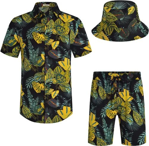 Vista 29 de EISHOPEER Conjunto hawaiano de flores para hombre, camisa de manga corta y pantalones cortos, trajes con sombreros de pescador