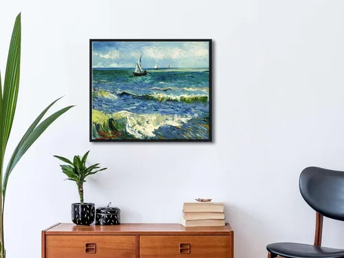 Vista 3 de Wieco Art Arte enmarcado negro paisaje marino en Saintes Maries por Vincent Van Gogh pinturas al óleo Reproducción modernas impresiones en lienzo