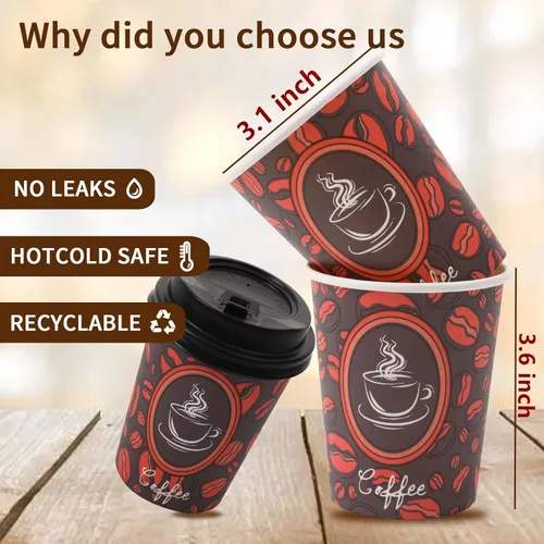 Vista 3 de Tazas de café de papel desechables con tapas, perfectas para té y bebidas calientes, paquete de 100 (8 onzas, diseño de grano de café)