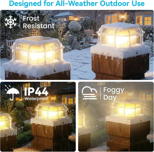 Vista 2 de Paquete de 6 luces solares para poste con base de 4 x 4, 5 x 5 y 6 x 6 pulgadas para postes de vinilo/madera, 16 LEDs brillantes luces solares