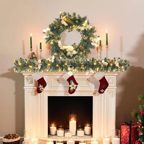 Vista 5 de Ceenna 2 guirnaldas de Navidad de 6 pies con luces, guirnalda artificial preiluminada de Navidad con bayas de pino, decoración de chimenea