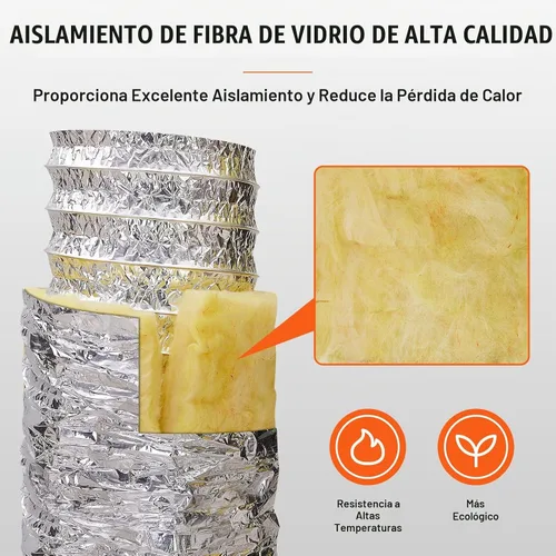 Vista 2 de VEVOR - Conducto flexible aislado de 6 pulgadas x 25 pies R-4.2, manguera HVAC de 3 capas de eficiencia energética con 2 abrazaderas para conductos