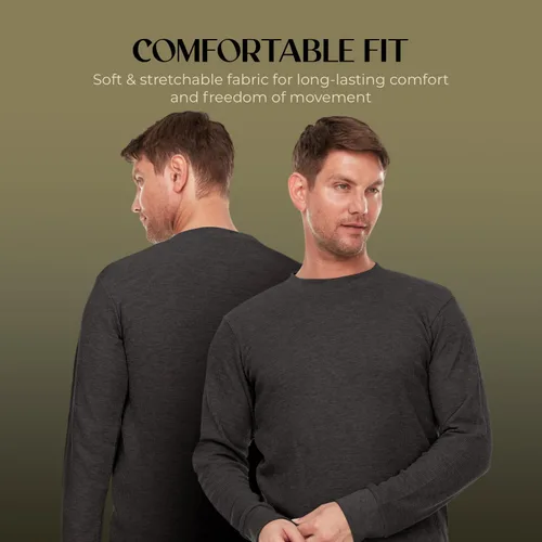 Vista 3 de JMR - Camisa térmica de punto gofre pesado para hombre, 100% algodón, manga larga, para usar como capa base o independiente, cálida y transpirable