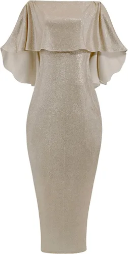 Vista 3 de Vestido largo de fiesta para mujer, elegante, con lentejuelas, hombros descubiertos, sin tirantes, con volantes, vestido largo ajustado