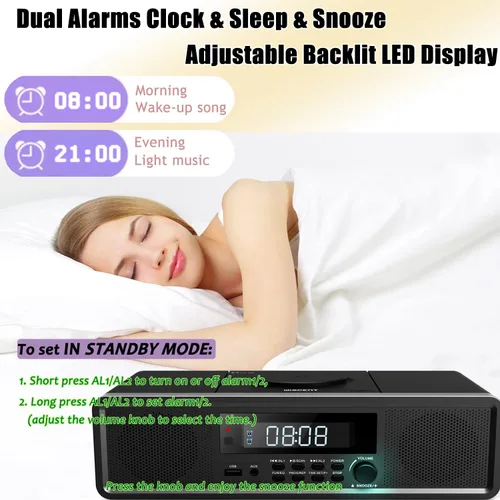 Vista 5 de Sistema estéreo compacto con reproductor de CD, Bluetooth, reloj de alarma dual, radio FM, sonido claro de 20W RMS, entrada USB/AUX, función