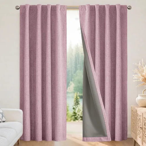 Vista 12 de Joydeco - Cortinas 100% opacas, 2 paneles de lino natural para oscurecer habitación, aislamiento térmico, trabillas traseras y bolsillo para barra