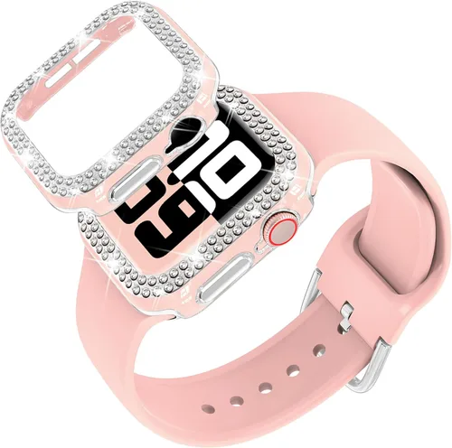 Vista 10 de DABAOZA Compatible con Apple Watch de 1.496 pulgadas con funda de parachoques con purpurina, correa ajustable de silicona negra, suave y cómoda