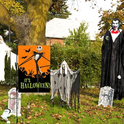 Vista 5 de Sunwer Bandera de jardín de Halloween para decoración de fiesta al aire libre, patio delantero, suministro de decoración de patio, 12.5 x 18 pulgadas