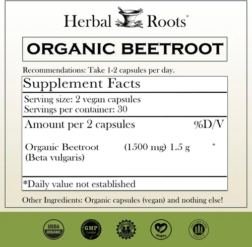 Vista 2 de Herbal Roots Cápsulas de polvo de raíz de remolacha orgánica, 1,500 mg por porción, certificado USDA orgánico, sin OMG, 60 cápsulas veganas