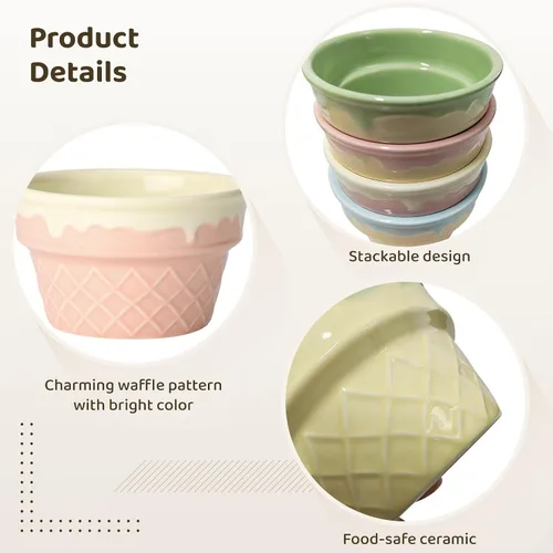 Vista 4 de 4 cuencos con diseño de helado, tazas de postre de cerámica con textura de gofre, cuencos de ramekin multicolor con esmalte fácil de limpiar, 3.9 x