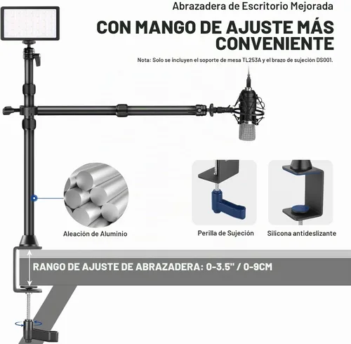 Vista 8 de NEEWER TL253A+DS001 Trípode de cámara de mesa con 2 brazos telescópicos, soporte para teléfono, cabezas esféricas, adaptador de tornillo, soporte