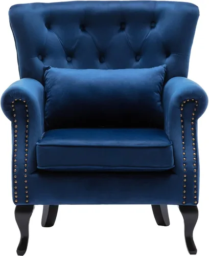 Vista 10 de Juego de 2 sillas decorativas modernas de mediados de siglo, sillón de tela de lino con respaldo acolchado/patas de madera, sillón de descanso