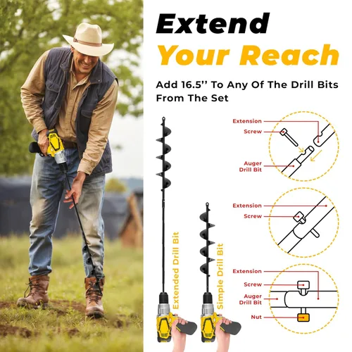Vista 5 de K-Brands Paquete de 4 brocas de 4 x 12 pulgadas + 3 brocas de extensión para plantar, agujero en espiral de jardín y maceta de bombilla