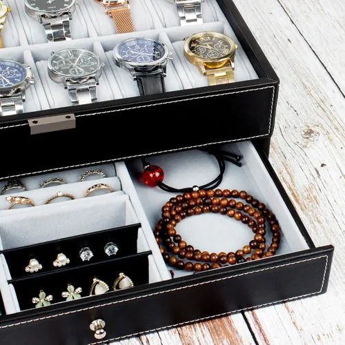 Vista 4 de GUKA Caja de reloj con 12 ranuras, organizador de exhibición de reloj, caja de joyería de cuero, cajón de cristal, cumpleaños para hombres