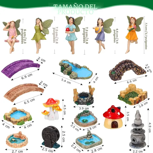 Vista 2 de Unittype 19 piezas de accesorios de hadas de flores para jardín al aire libre, figuras de hadas en miniatura, puente de hongos, faro de agua, pozo