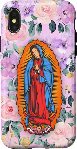 Vista 4 de Funda para iPhone 14 Virgen de Guadalupe versión flores rosas