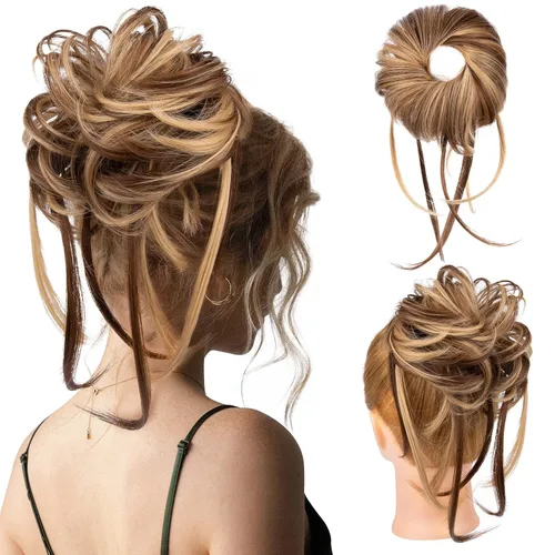 Vista 17 de HOOJIH Pieza de pelo desordenado de moño – Extensiones superlargas despeinadas, cola de caballo ondulada con banda elástica para mujeres y niñas