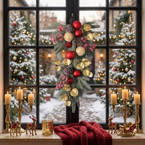 Vista 4 de Valery Madelyn Red Gold Christmas Teardrop Swag Decoration with Lights Rojo dorado