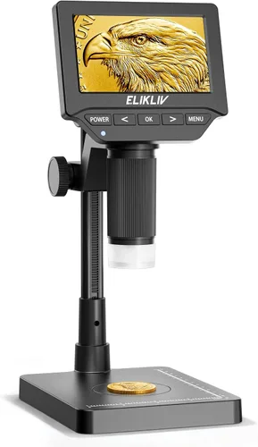 Vista 11 de Elikliv Microscopio para monedas, microscopio digital LCD de 4.3 pulgadas, 1000x, lupa de monedas con 8 luces LED ajustables, vista de PC compatible