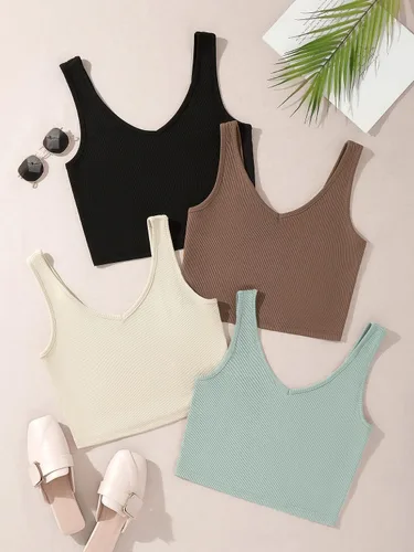 Vista 2 de Milumia Conjunto de 4 camisetas sin mangas con cuello en V de punto acanalado para mujer