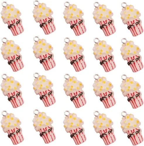 Vista 2 de Dijes hechos a mano de simulación de alimentos, lindas galletas de hamburguesa, papas fritas, chocolate, palomitas, dona, fresa, pastel, colgantes