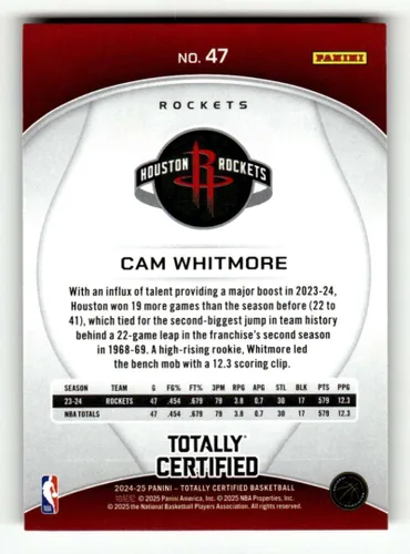 Vista 2 de 2024-25 Panini Totally Certified #47 Cam Whitmore Houston Rockets NBA Basketball Base Trading Card