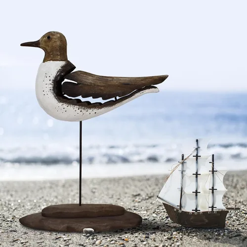 Vista 2 de Estatua de pájaro marino de madera, gaviota en el soporte, escultura náutica de aves costeras, para interiores y exteriores, figura de animales