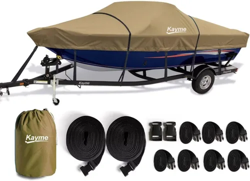 Vista 20 de Kayme Cubierta de lancha resistente 1200D para barcos de 14 a 16 pies, impermeable, resistente al desgarro con correas reforzadas al viento, ideal