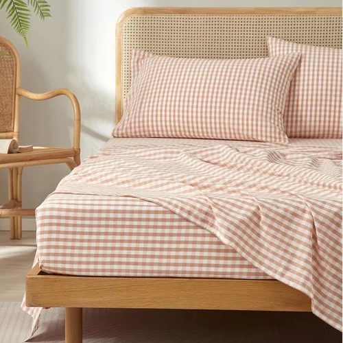 Vista 9 de Sábana ajustada 100% algodón suave tamaño queen de bolsillo profundo con rayas coloridas y estampado Gingham, sin arrugas, 1 pieza, sábana