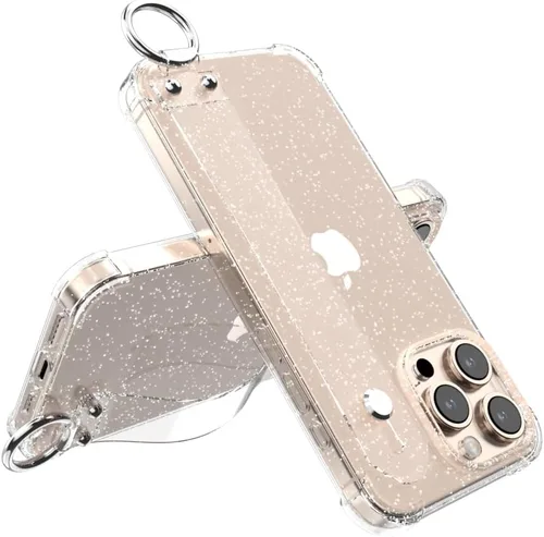 Vista 8 de Funda con purpurina con correa de mano compatible con iPhone 13 de 6.1 pulgadas, funda transparente brillante con correa de muñeca ajustable soporte