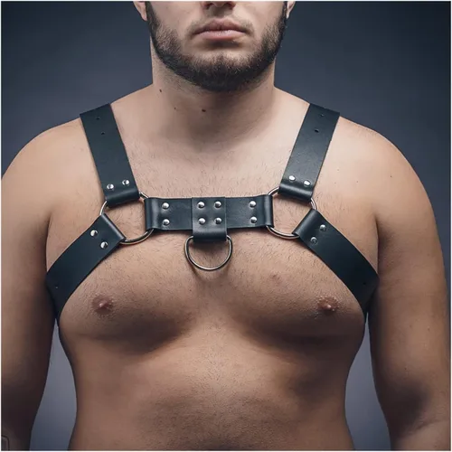 Vista 2 de IXOUP BDMS - Arnés de cuero genuino para hombre, ajustable, fetiche, arnés corporal sexy con hebillas y cinturones, disfraz de fiesta de Halloween