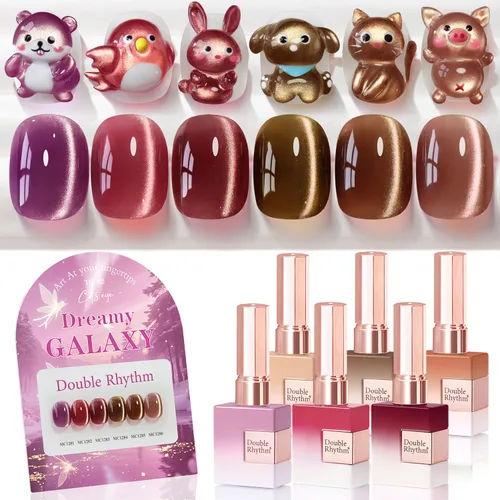 Vista 24 de Double Rhythm - Juego de esmalte de uñas de gel ojo de gato de 6 unidades, mismo color, misma botella, 14.8 ml, brillo con glitter, con imán Aurora