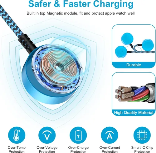 Vista 6 de Cargador de reloj Samsung para Galaxy Watch8 Classic/7/6 Cable de carga USB magnético inalámbrico cable de carga de 3 pies con adaptador QC para Azul