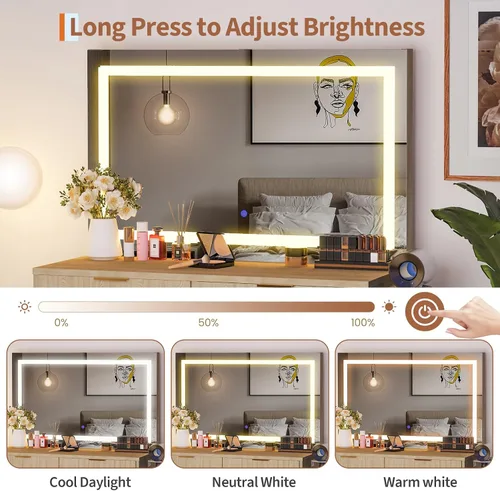 Vista 6 de Fluted Vanity Desk with Mirror and Lights, Makeup Vanity with 2 Drawers, 3 Lighting Modes Adjustable Brightness, Dressing Table for Bedroom, Natural
