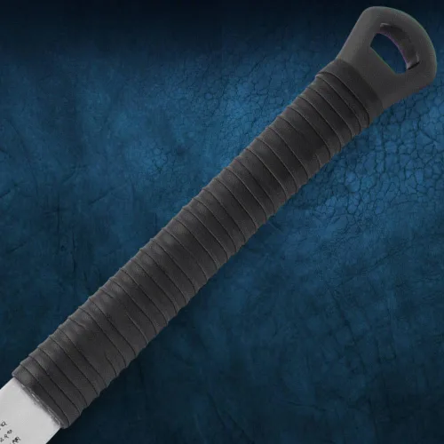 Vista 6 de Espada de triple filo de espiga completa Inscripciones detalladas Mango de madera dura con envoltura de cuero negro Funda a juego Soporte