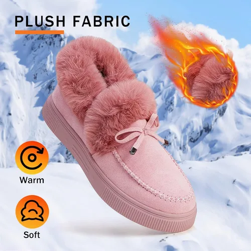 Vista 2 de TINSTREE Botas planas de invierno cálidas y duraderas, zapatos casuales de moda con forro de piel, botines de nieve, mocasines planos de plataforma