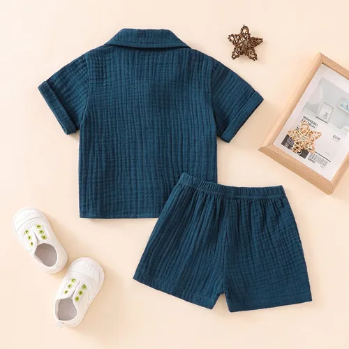 Vista 3 de Conjunto de ropa para bebés varones, camisas abotonadas para niños pequeños e infantes + pantalones cortos de gasa de algodón, conjunto de verano