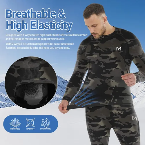 Vista 3 de MEETYOO Ropa interior térmica para hombre, capa base para hombre, 2 juegos de calzoncillos largos forrados con equipo de caza 2 camuflajes negros