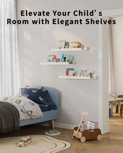 Vista 3 de G&W Gruwald Juego de 3 estantes para libros de guardería, decoración de guardería para bebés y niños pequeños, estantes festoneados, estante